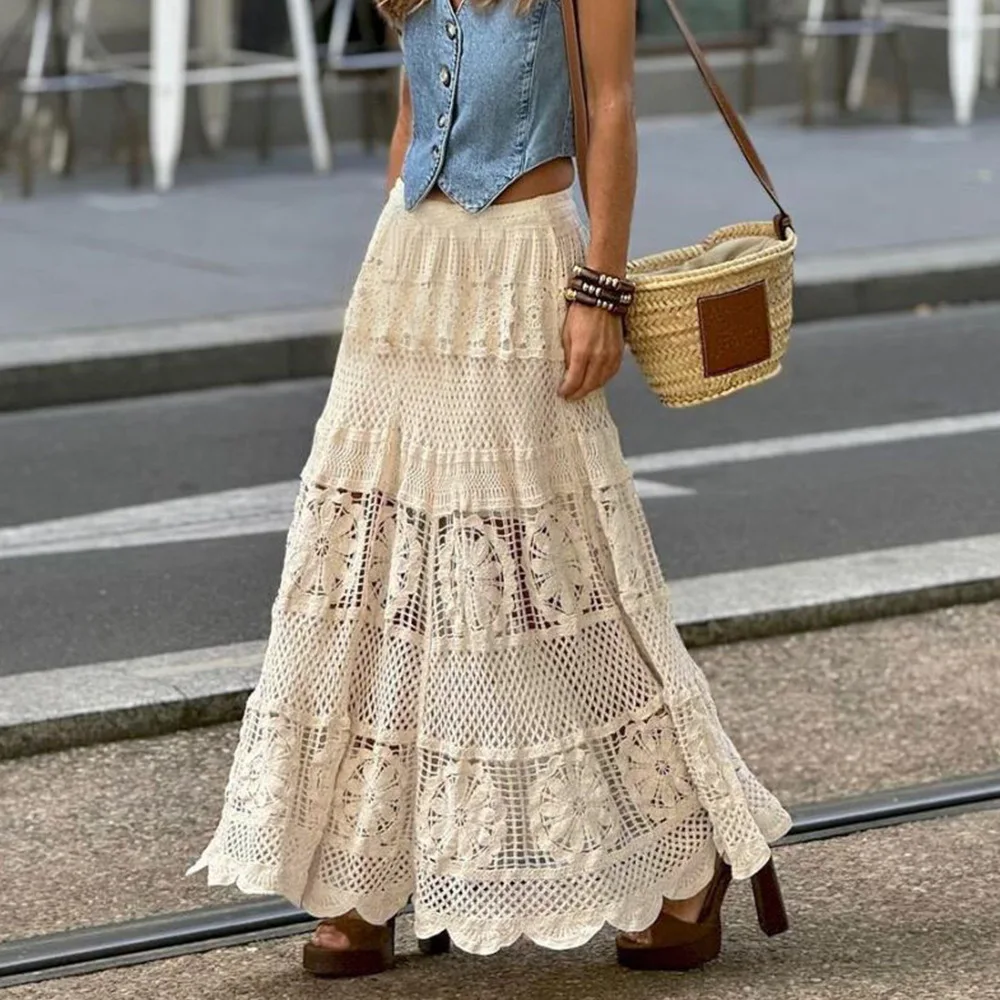 

2025 Autumn Bohemian Style Hollow Embroidery Lace Beach Dress Holiday Style Swing A-LINE Skirt
