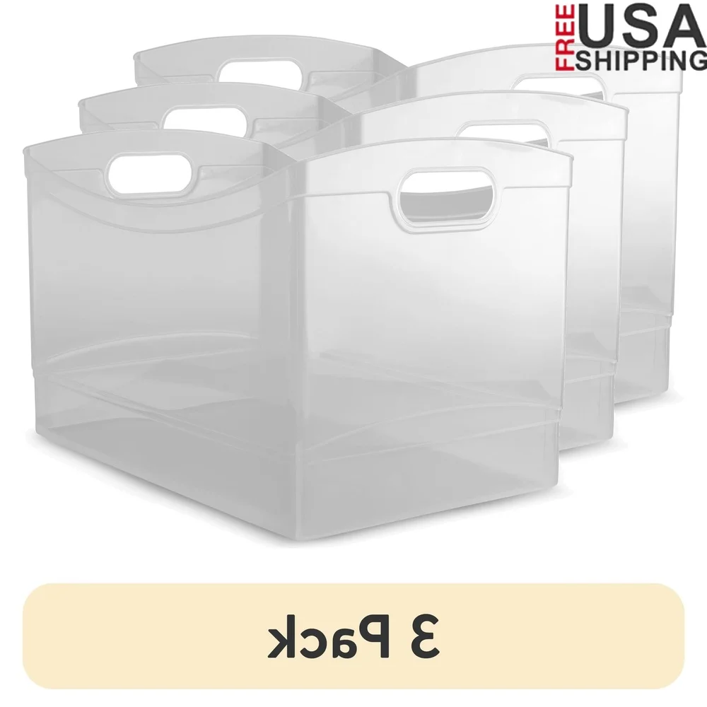 

Clear Plastic Storage Organizer Bin 3 Pack Utility Bins with Handles Office Supplies Closet Kitchen and Home Storage
