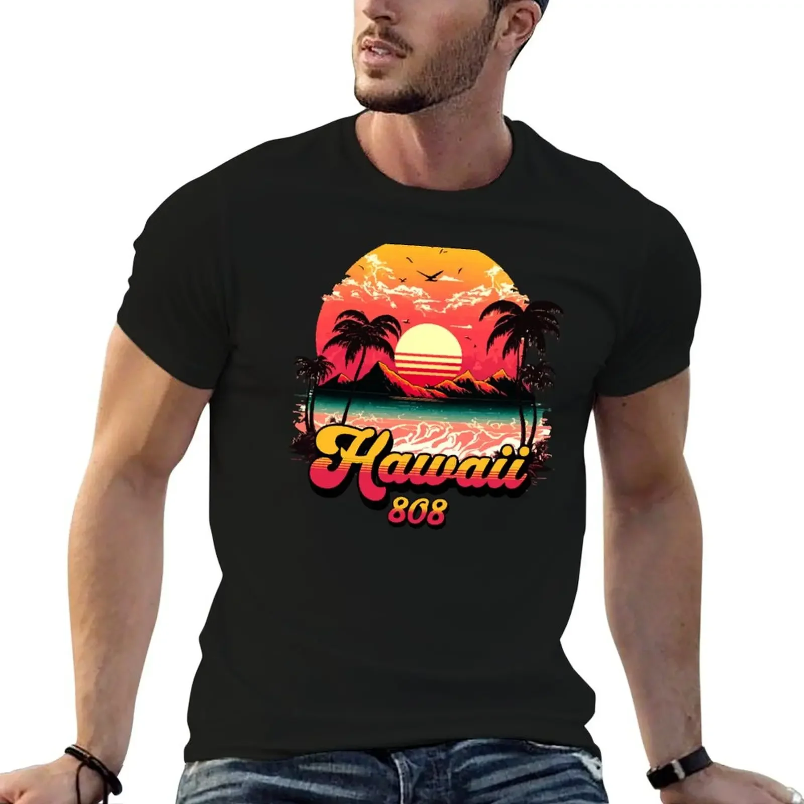 

Hawaii 808 Vintage Retro Sunset T-Shirt cute tops summer 2025 mens workout shirts