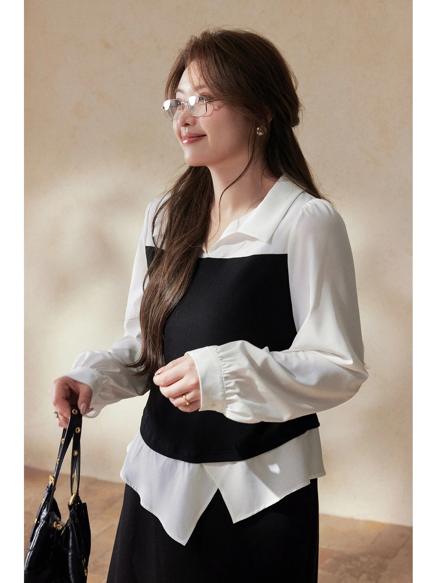 

Вязаная рубашка больших размеров с пэчворком и разрезами, эффект стройности, новинка весны, для повседневной носки, с длинным рукавом, из смесового полиэстера