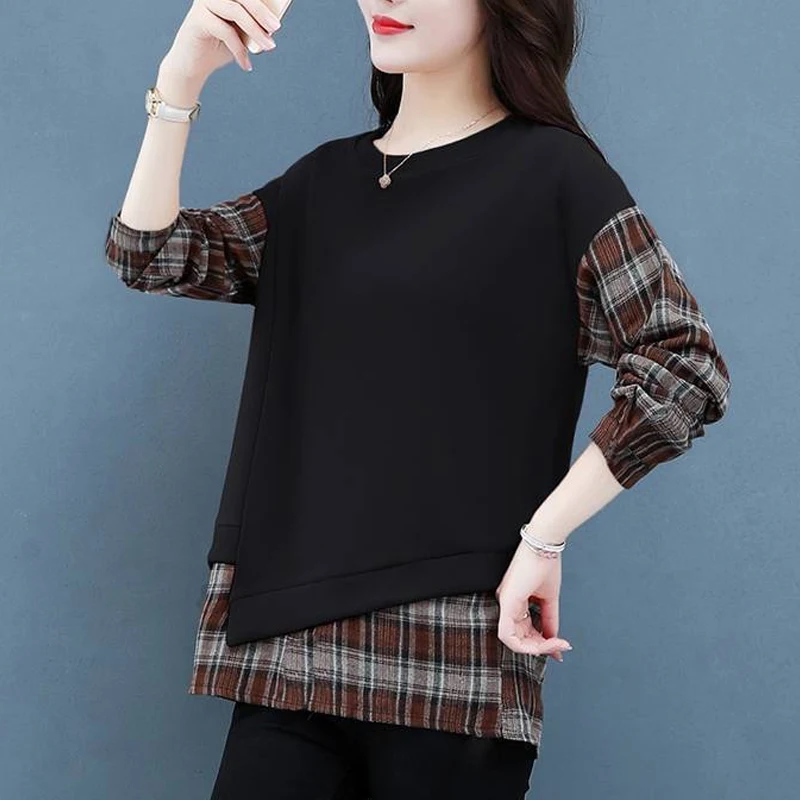 2023 Frühling Herbst neue Mode Rundhals ausschnitt Langarm Sweatshirts Frauen lässig Plaid druck Patchwork gefälschte zweiteilige Tops