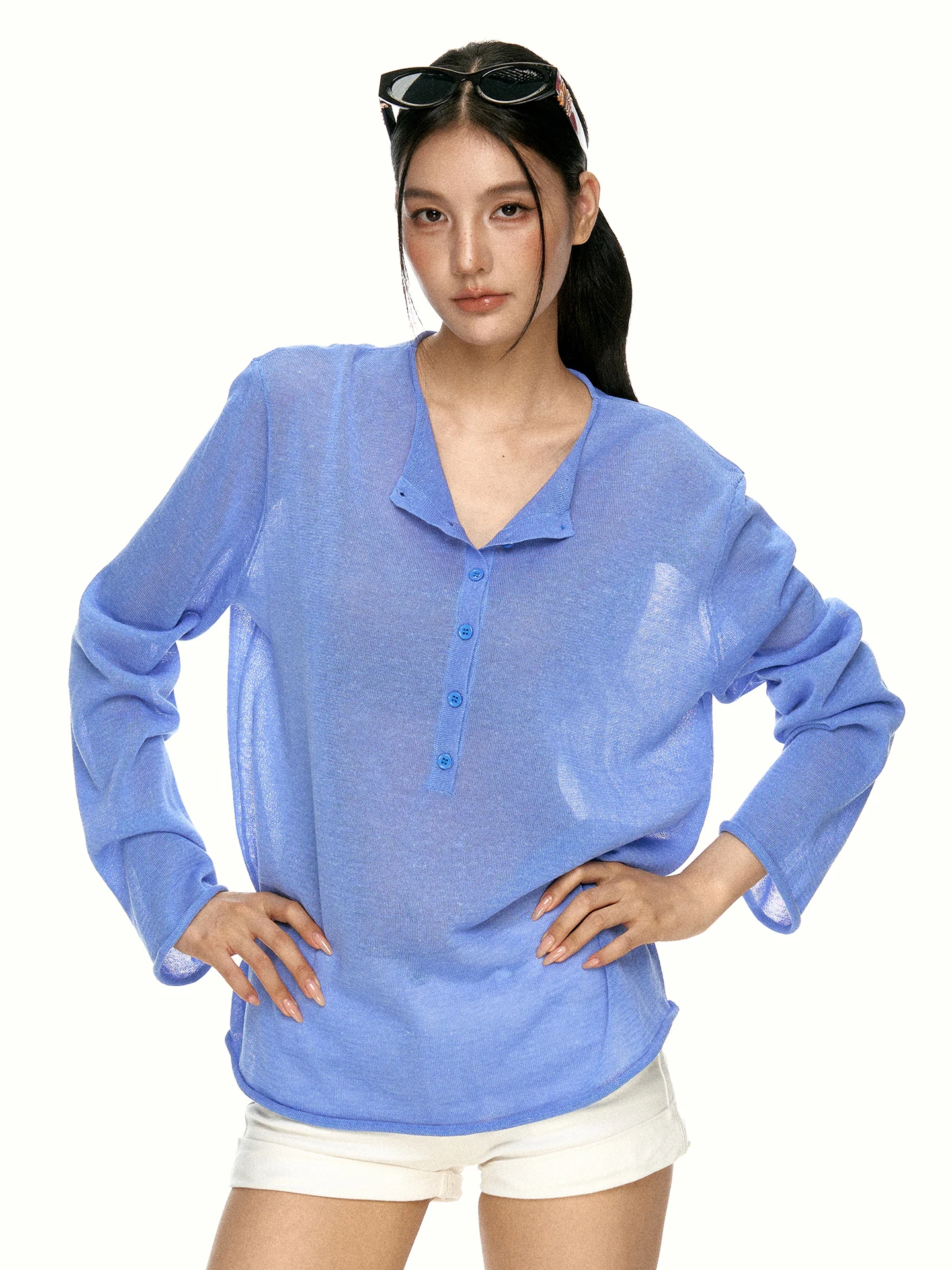 Aaisup Blue Lazy Style Knitted Sweater Women's Loose Casual Versatile Long Sleeve Top Transparent Feel Autumn Initial Relaxation