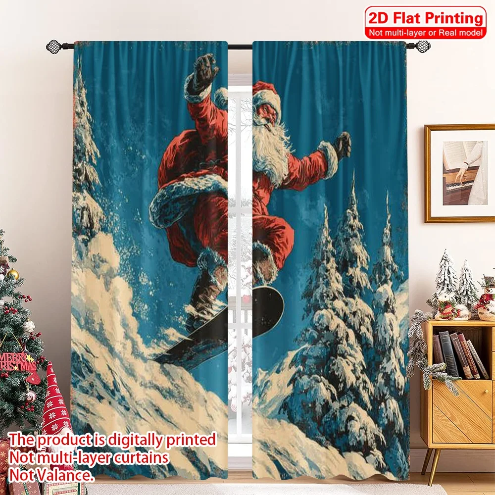 

2pcs 2D flat printing Christmas Curtains Santa Claus1 Versatile Durable Polyester Without Electricity Festive Curtains for New