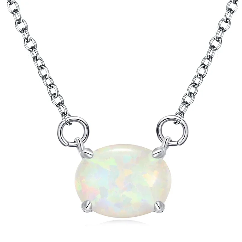 Huitan Dainty Imitation Opal Pendant Necklace for Women Shiny Colorful Engagement Jewelry Delicate All-matching Neck Accessories