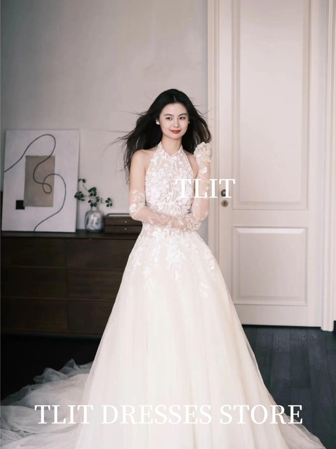 TLIT 2025 فستان زفاف أنيق من الدانتيل العاجي رسن تول بدون أكمام زي العرائس فستان زفاف كوري لالتقاط الصور حسب الطلب