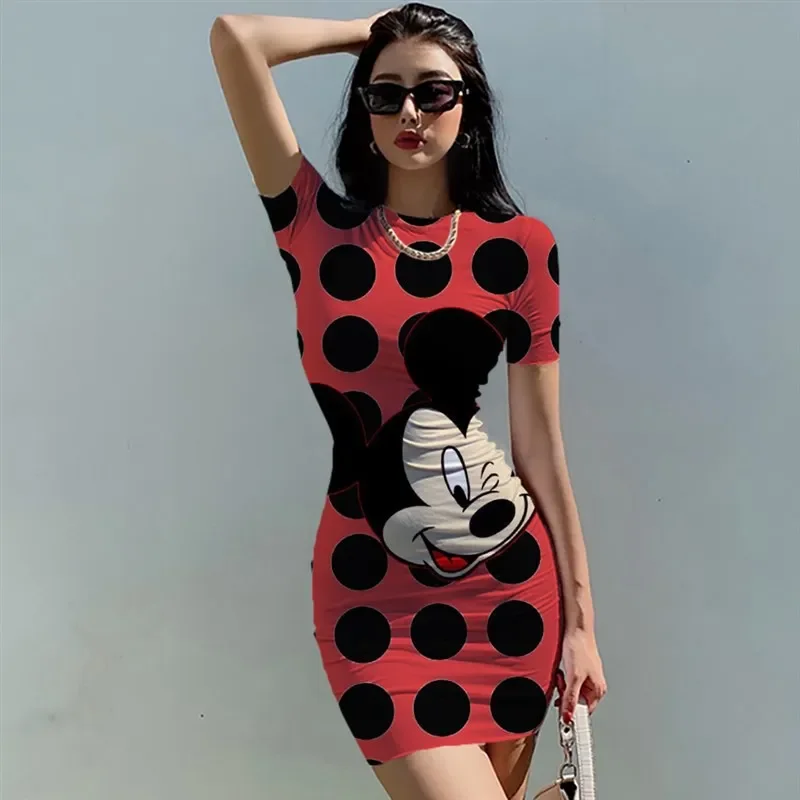 Disney Minnie Mickey Mouse Bow Print Elegant Pencil Dress Long sleeved slim fit mini skirt women's round neck pleated party