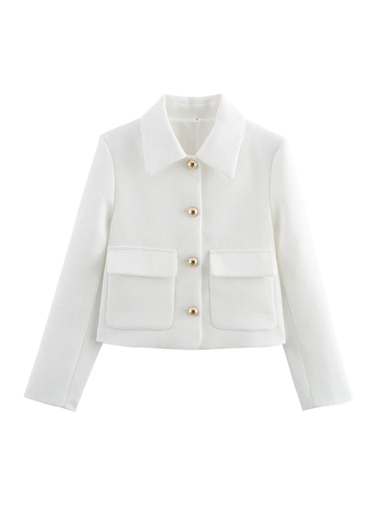 Zevity New Women Fashion Double Pockets Patch White Casual Coat Office Lady Long Sleeve Buttons Outwear Jacket Tops CT7365