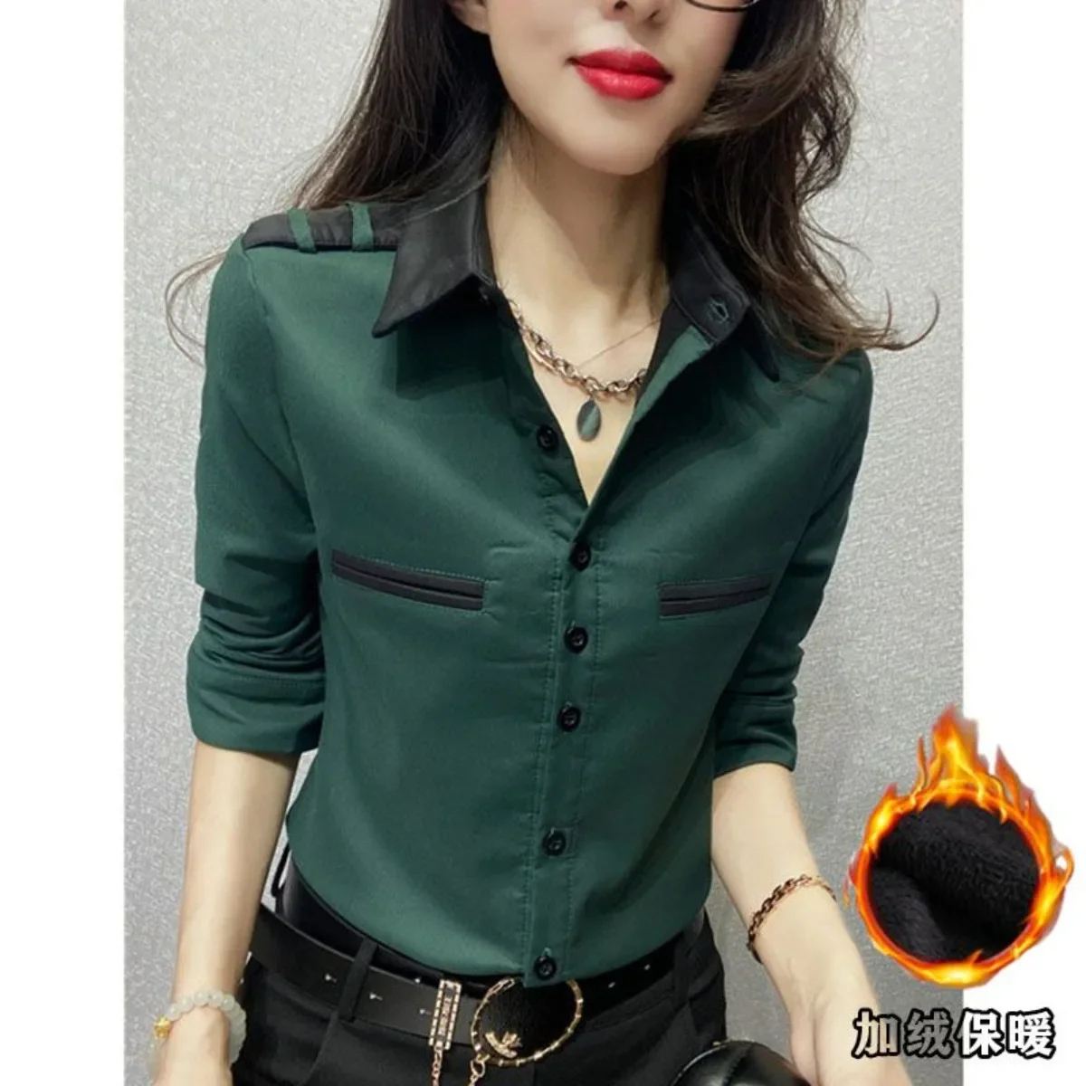 

Women Shirt Long Sleeves Fleece Single-breasted Blouse Slim Office Ladies Clothes Polo Neck Autumn Winter Tops Design Chic Shirt