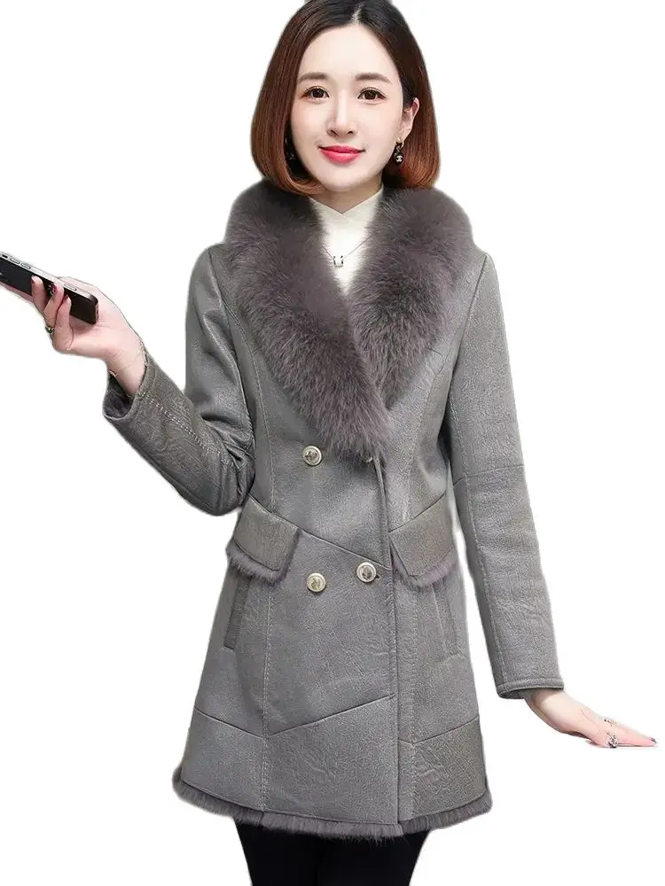 Rabbit Fur Coat for Women's 2023 Winter New Mid length Original Fashionable Fox Fur Collar Real Leather Fur Integrated Coat