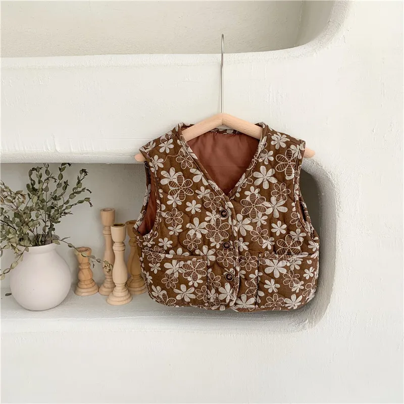 Girls\' Floral Vest Autumn and Winter Fashion Children\'s Quilted Vest All-match Girl Baby Flower Retro Vest Warm Cotton Vest