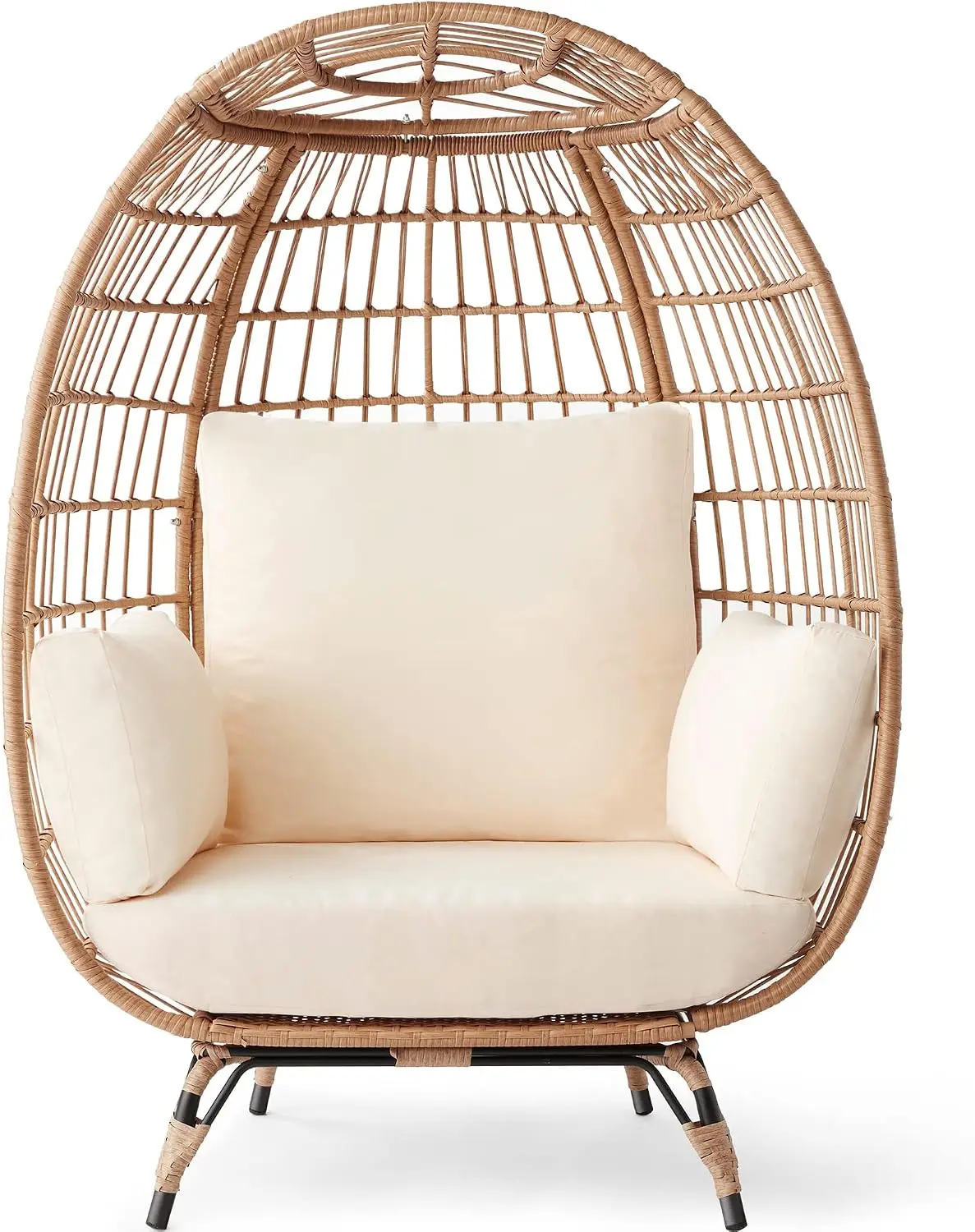 Oversized Wicker Egg Chair Indoor Outdoor Lounge Seating With Plush Cushions And Steel Frame For Patio Backyard Living Room Balcony Accent Furniture, Modern Ivory, 1 Piece