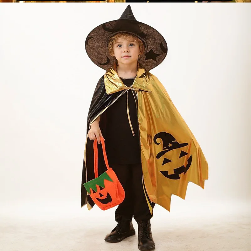 Capa infantil de Halloween estrela bruxa vestido mágico conjunto de capa impressa com chapéu para meninos e meninas