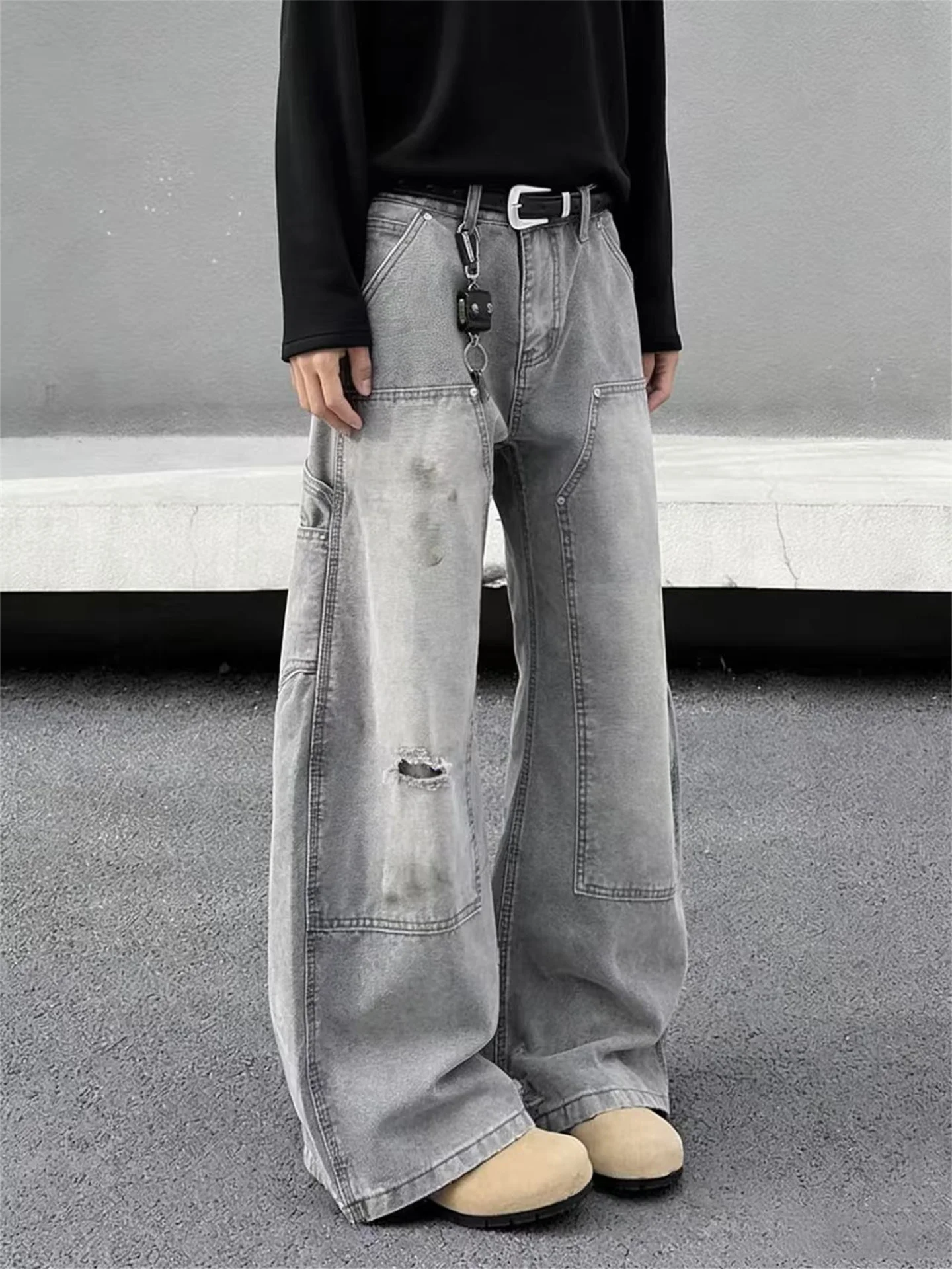 

Retro American Men's Loose Wide Leg Jeans Casual High Street Sle Faded Waed Outfit Versatile Boys Scythe Workwear Pants