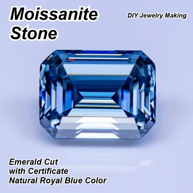 

Moissanite Stone Natural Royal Blue Color Emerald Cut Charms Gemstone DIY Ring Necklace Earrings Main Materials with Certificate