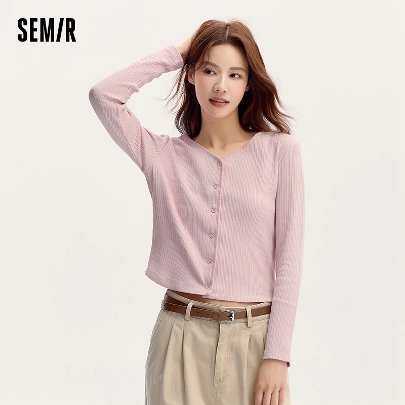 Semir T-Shirt Women Short Sleeve V-Neck T-Shirt Versatile and Elegant 2024 New Autumn Texture Slim Fit Knit Cardigan