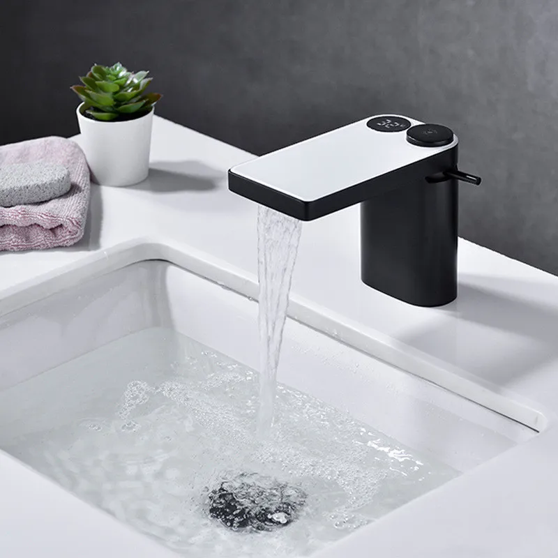 New Bathroom LED Digital Basin Faucet White Water Power Basin Mixer Brass Temperate Display Faucets Smart Water Taps