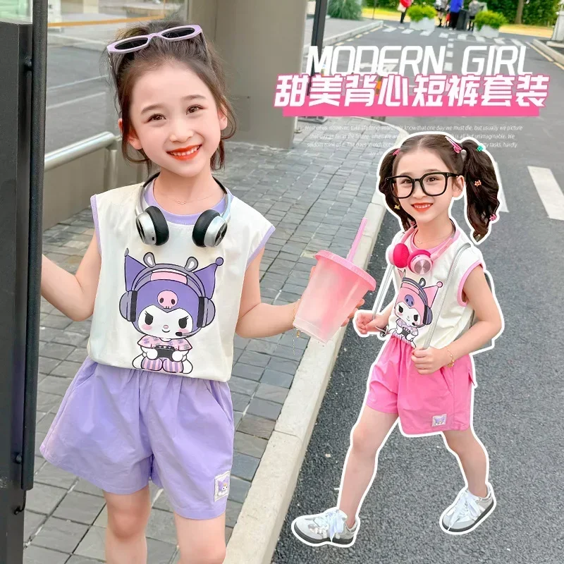 Sanurgente-T-shirt à manches courtes pour enfants, Hello Kitty, haut de dessin animé Kuromi, robe de sport, costume d'objectifs pour filles, bébé, sans manches, été