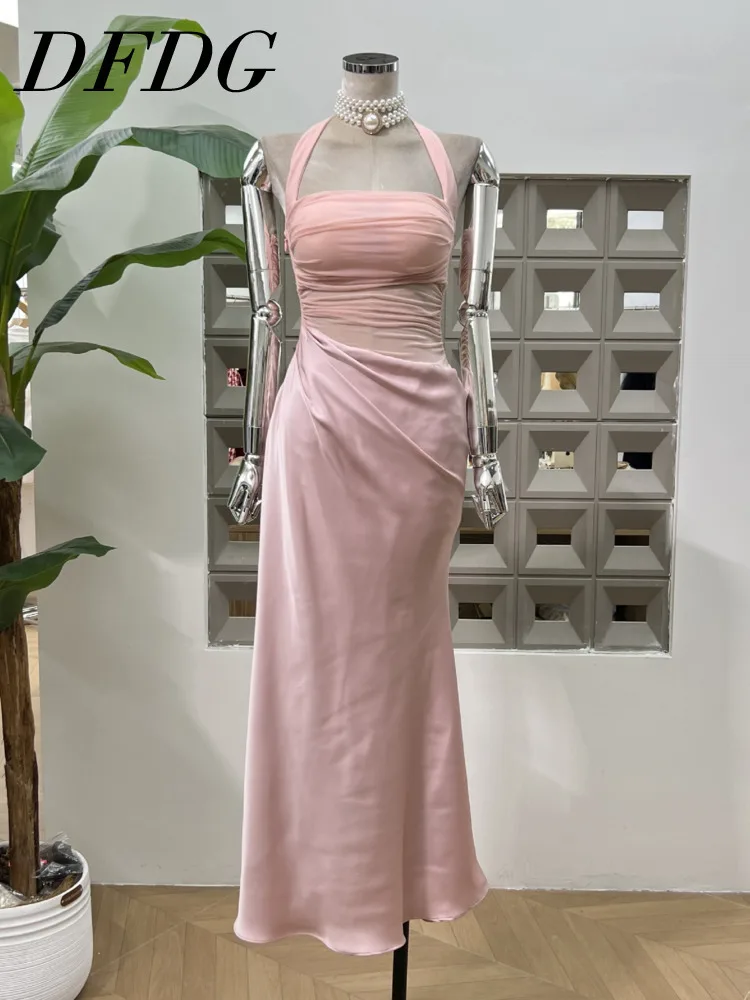 

DFDG женское лоскутное платье с асимметричными складками, вечернее платье с бретелькой на шее, уникальный дизайн, официальная праздничная одежда, весна-лето 2023