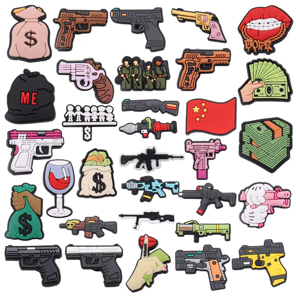 

Mix 50PCS PVC Gun Money Bag Lips Hat China Flag Wine Shoe Decoration Accessories Shoe Charms for Bracelets Backpack Boys Gift