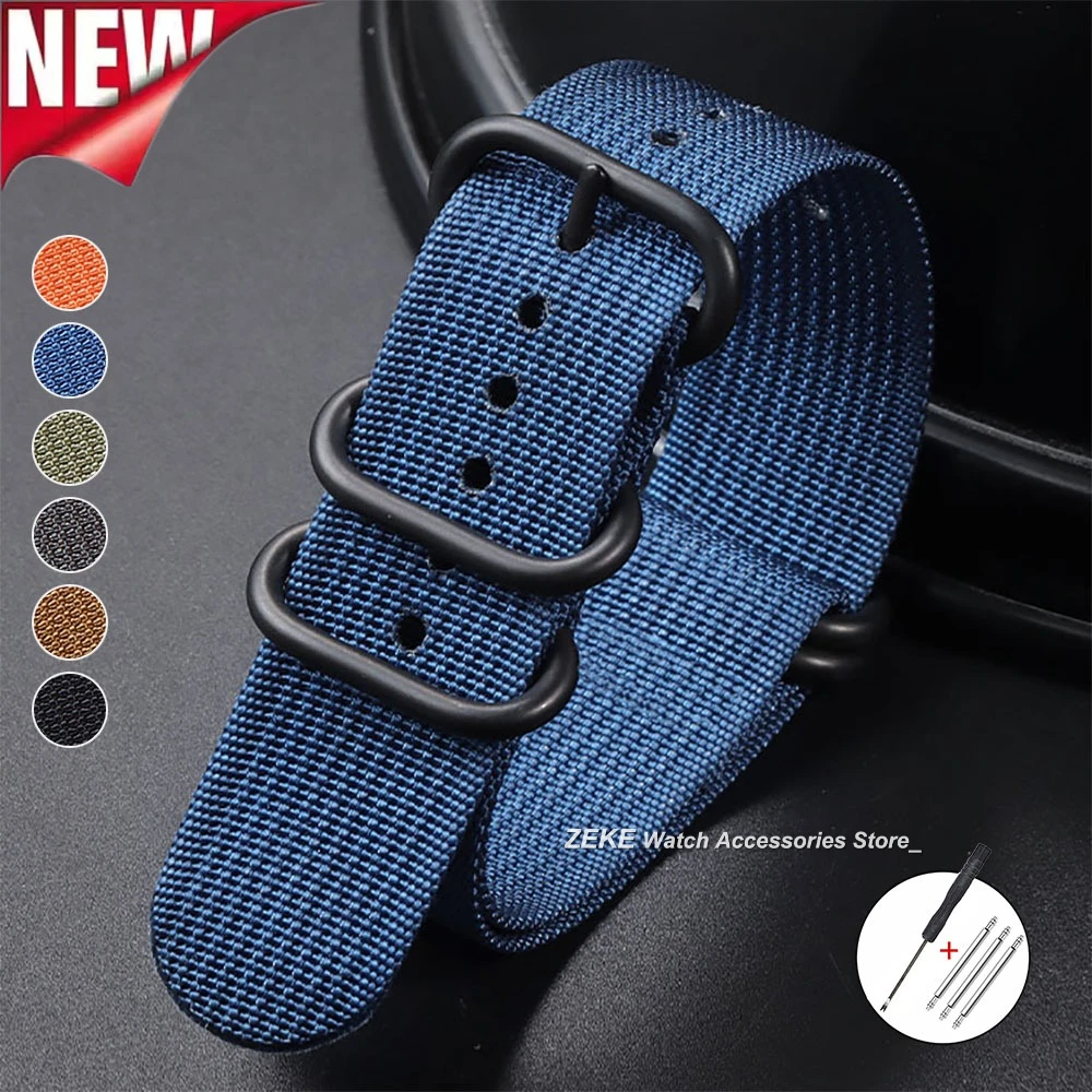 Geripptes Nylon-Uhrenarmband, Nylon-Uhrenarmband, 18 mm, 20 mm, 22 mm, 24 mm, Uhrenarmbänder für Seiko Military Loop, Armband mit schwarzer Schnalle