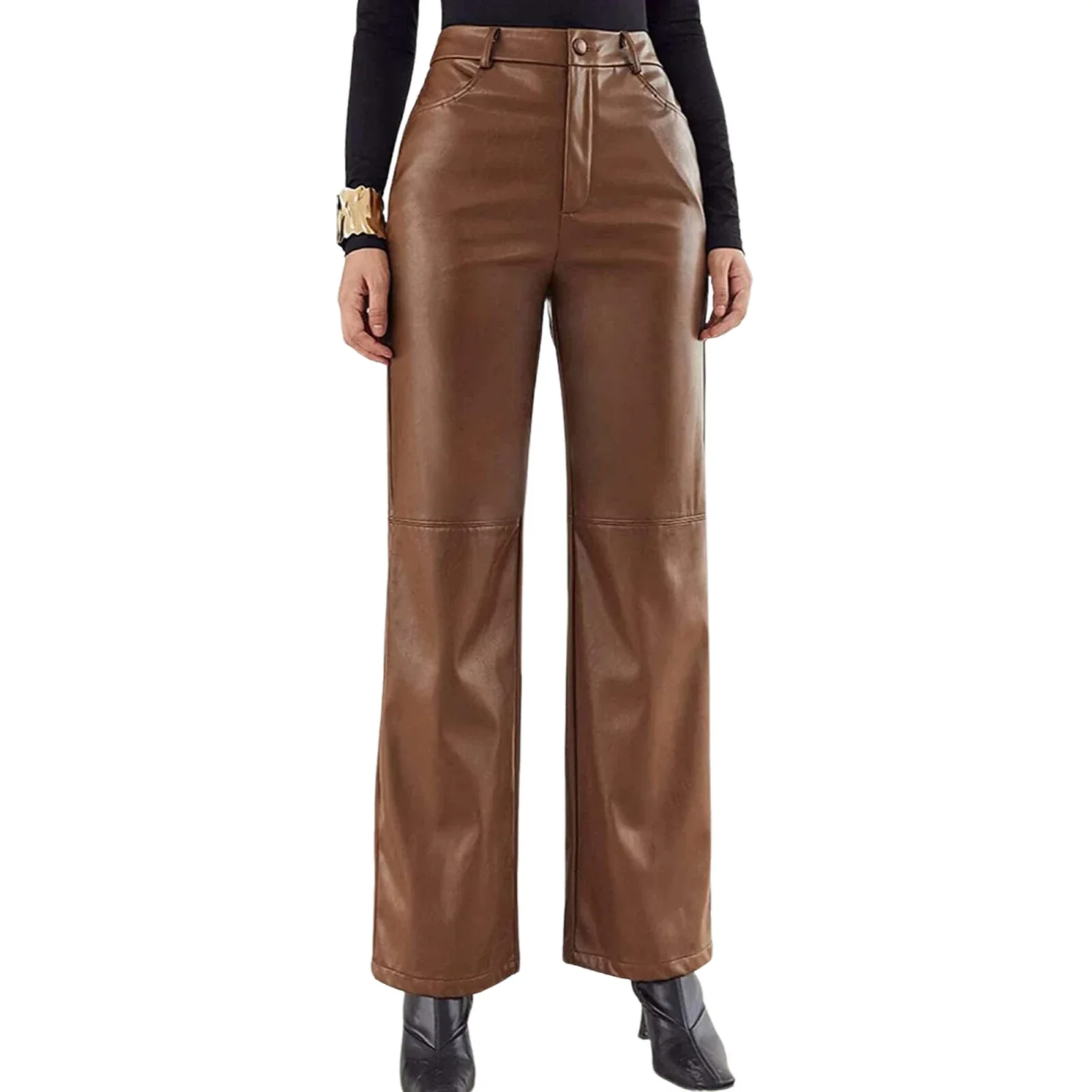 2024 Autumn Women's Fashion PU Casual Trousers High Waist Straight Side Pockets Solid Color Casual Party Fall Leather Long Pants