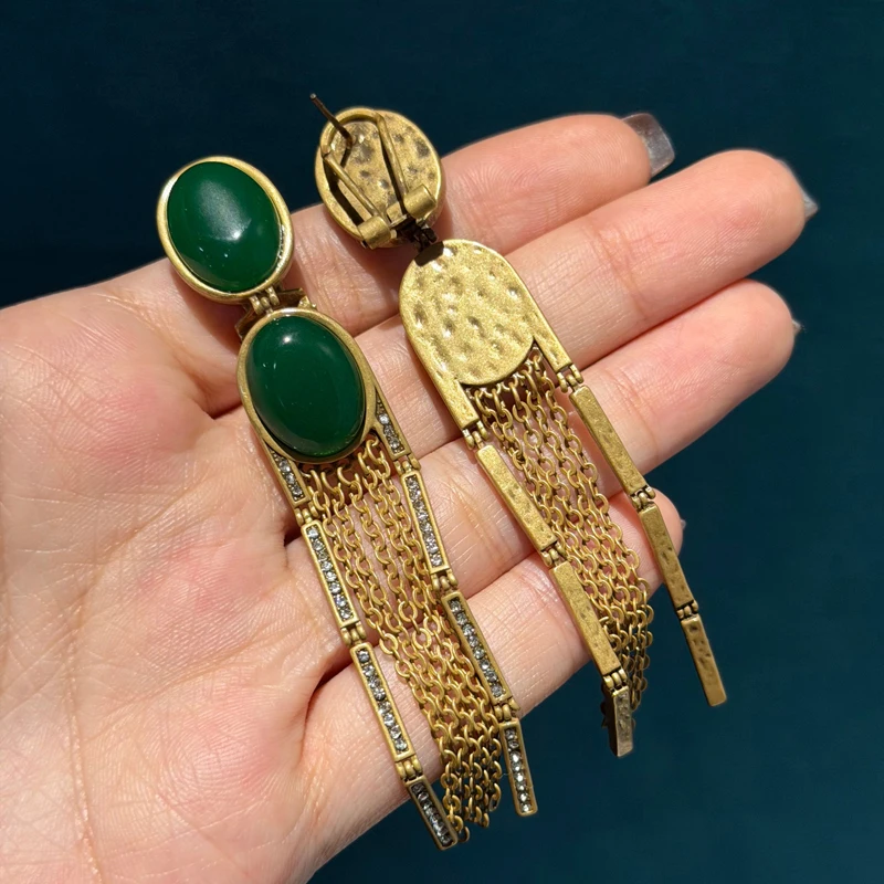 

Antique Natural Green Stone Oval Drop Earrings Long Gold Color Tassel Chain Women Retro Style Vintage Luxury Quality Jewelry