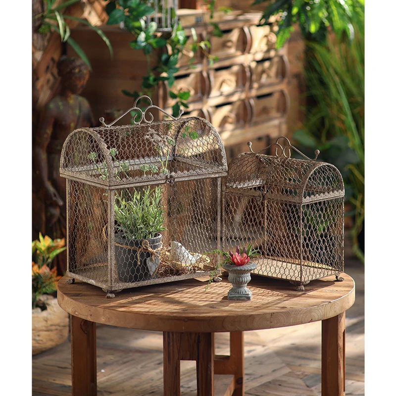 Vintage Wire Display Cage Set, Rustic Greenhouse Terrarium Box, Botanical Tabletop Garden Decor, Set of 2