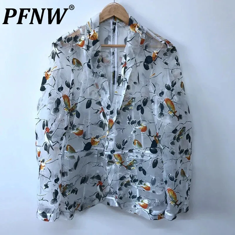 

PFNW Niche Design Men's Blazers Floral Printing See-through Organza Sun-protective Clothing Loose Autumm Suit Jackets 21F1871