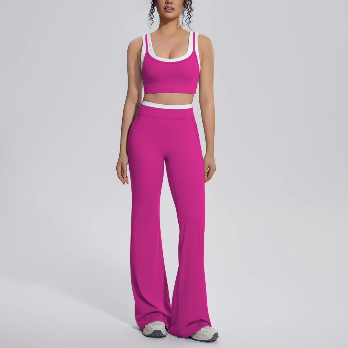 Women Fitness Running Yoga Set Color Blocking Beautiful Back Yoga Bra with Chest Pad Thin High Stretch Wide Leg Pants Gym Set