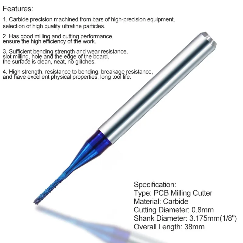 Xcan pcbフライスカッター0.5/0.6/0.8/1.2/1.4/1.7/1.8/2.2/2.4ミリメートルナノブルーコーティングされた1/8シャンクトウモロコシフライスカッターエンドミルcncカッター