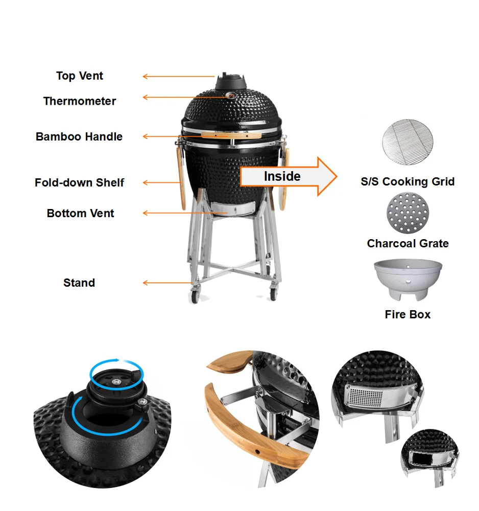 21 Inch Ceramic Barbecue Kamado Grill Yard BBQ Backing Furnace Stove with Sideboard for Outdoor and Indoor