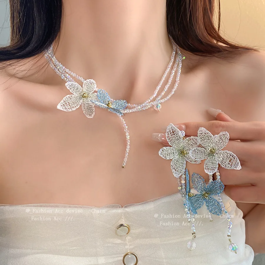 Korean-style Glass Flower Multi-layer Beaded Necklace, Fresh and Fairy-like, Versatile Collarbone Chain, Beach Holiday Style