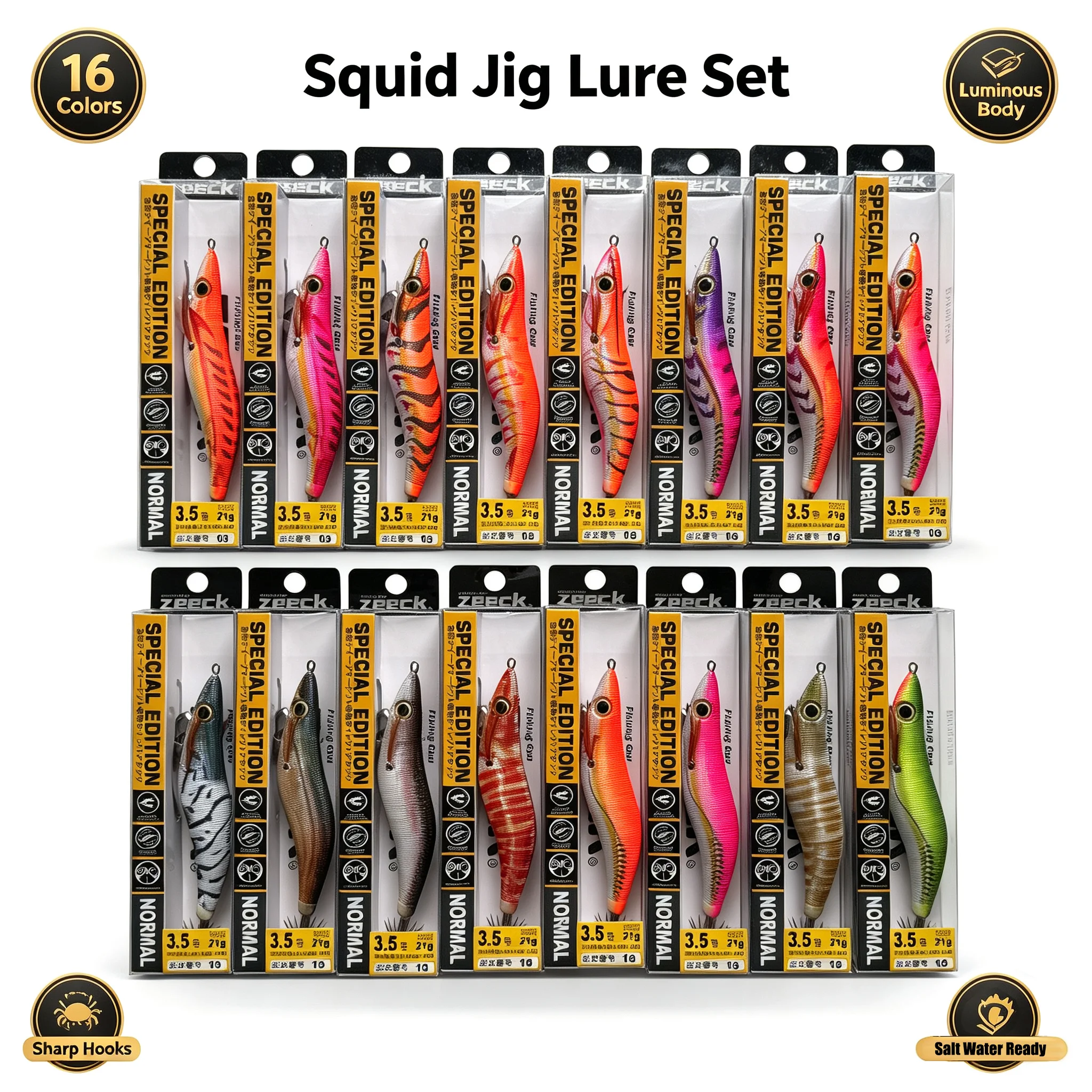 FUKUSHIMA 16 PIECES ONE SET 3.5 SQUID HOOKS  EGI LURE FISHING WOOD SHRIMP BAIT FLASH BODY EYES & TAIL GLOW 21GRAM EBI-SOUND