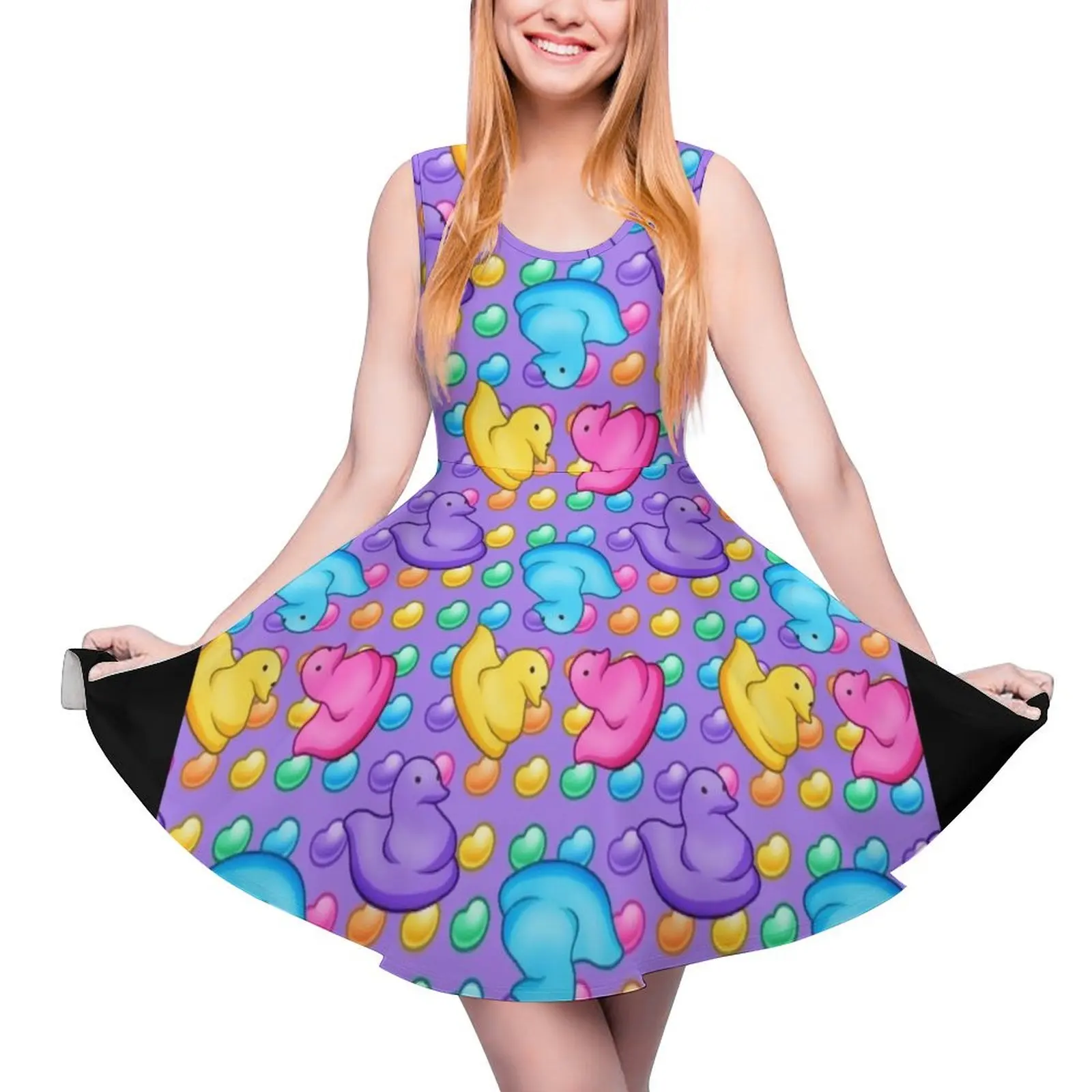 Marshmallow Peeps w/ Rainbow Jelly Beans on Purple - Easter Peep Chick Sleeveless Dress dresses summer