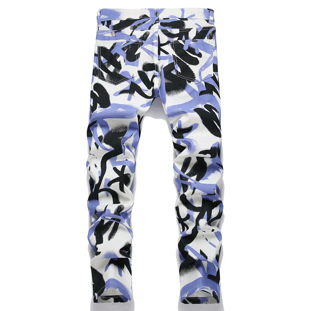 Men's Graphic Print Jeans Fashion White Stretch Lightweight Denim Slim Straight Pants Casual Printed Trousers