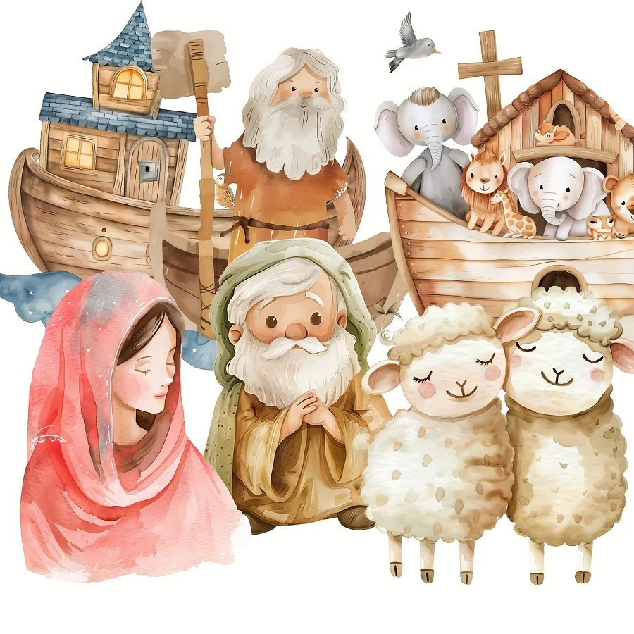 90pcs Cute Biblical Characters Noah's Ark Sticker with Animals, Arks Patterns, for Scrapbooking, Junkjournal,Bottle Stickers