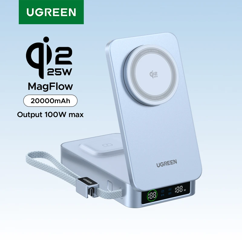 UGREEN MagFlow Qi2 25W PD 100W 20000mAh Power Bank Type C Cable Fast Charge Portable PowerBank Phone External Battery for Laptop