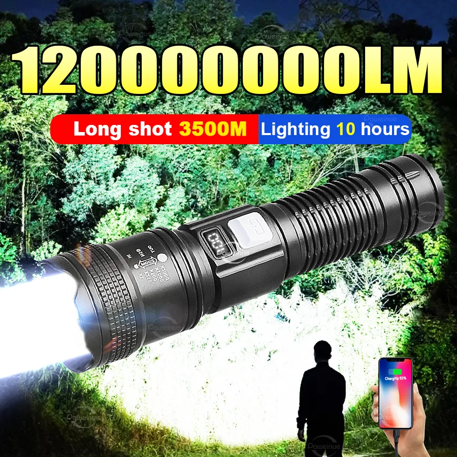 

Мощный светодиодный фонарик 120000000LM, мощный фонарик, уличный USB перезаряжаемый фонарик дальнего действия 3500 м, лампа для кемпинга и рыбалки