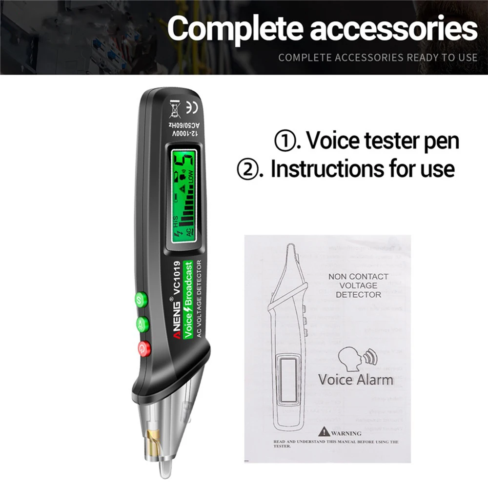 VC1019 Intelligent Voice Broadcast Tester Pen Voltage Detector 12-1000V Voltage Non-Contact Pen Electric Teste Meter Tool