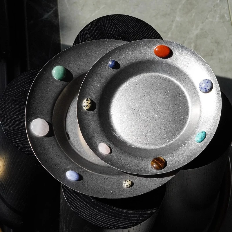 

Natural stone retro stainless steel salad plate Western food disc cake plate