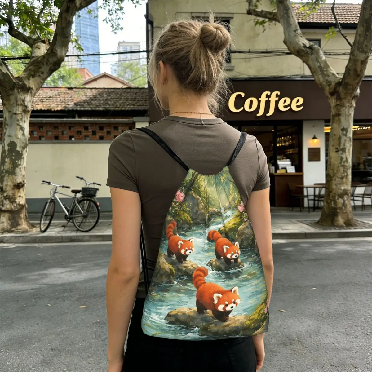 

Cute Cartoon Panda Red Raccoon Pattern Backpacks Portable Drawstring Bags Storage Bag Book Bags for Man Woman Students