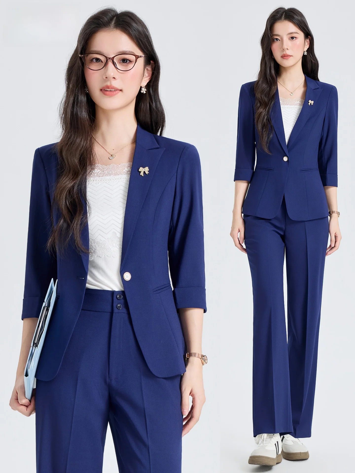 

Blue Seven-Quarter Sve Suit Set for Women Spring New Profional Interview Formal Workwear Ele -Western Sle Jaet