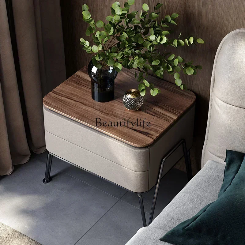 

yj7 ls 35Light luxury bedside table walnut natural marble high-end designer bedside table