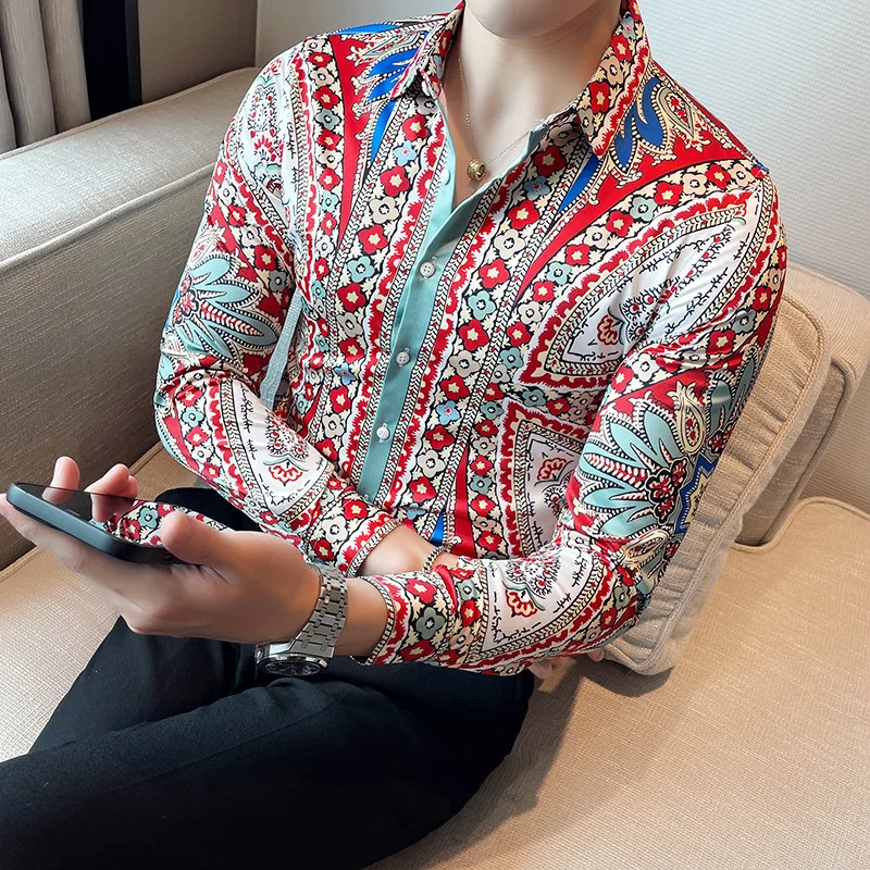 Luxury High-end Brand Boutique Fashion Print Design Design Nightclub Stage Party Mens Casual Long-sleeved Shirt Male Slim Shirt