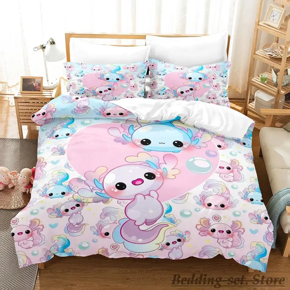 

2023 Kawaii Animal Axolotl Bedding Set Single Twin Full Queen King Size Bed Set Aldult Kid Bedroom Duvetcover Set 3D Anime מצעים