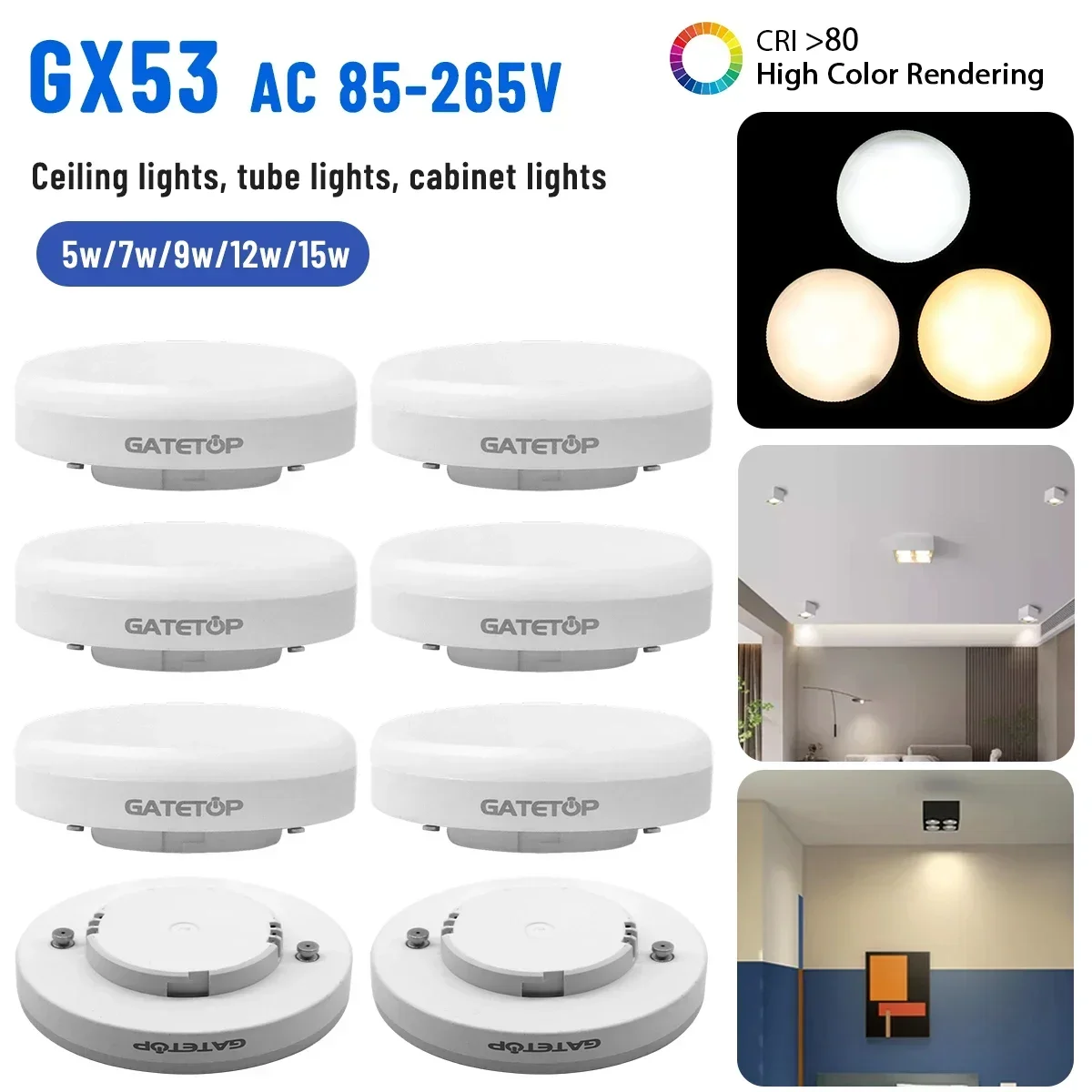 

6Pcs LED Cabinet Light Bulb GX53 Replacement AC85-265V 5W 15W Without Main Light PC Cover Energy Saving Down Light CeilingLight