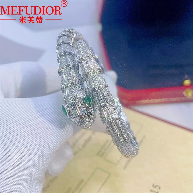 925 Sterling Silver Snake Women Bracelet Full Moissanite Diamonds Green Eye Scaly Serpent Bangle Couple Fashion Jewellry Gifts