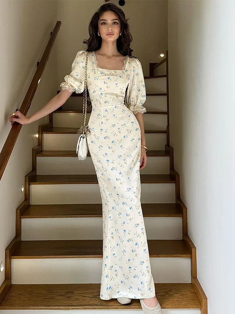 

Absobe Satin Floral Printed Maxi Dress Women's Sexy Square Neck Puff Short Sleeve Slim Bodycon Long Dress Elegant Partywear