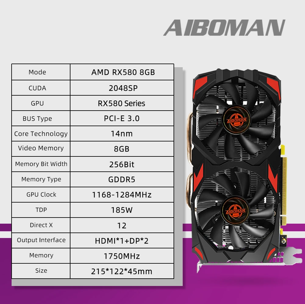 Radeon RX580 8G PCIE3.0x16 GDDR5 256Bit بطاقات الذاكرة بطاقة ألعاب الفيديو مناسبة لملحقات تجميع الكمبيوتر ﻿