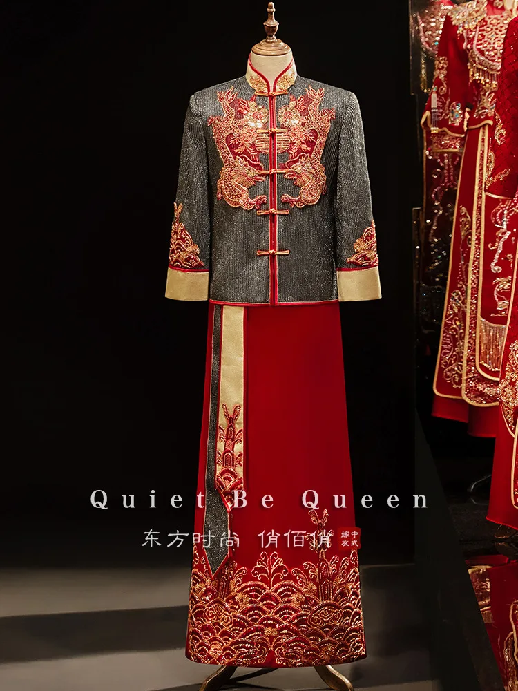 

Xiuhe Groom 2025 New Black Wedding Chinese Dress Tang Dress Toast Dress Xiukimono Men's Dragon and Phoenix Coat